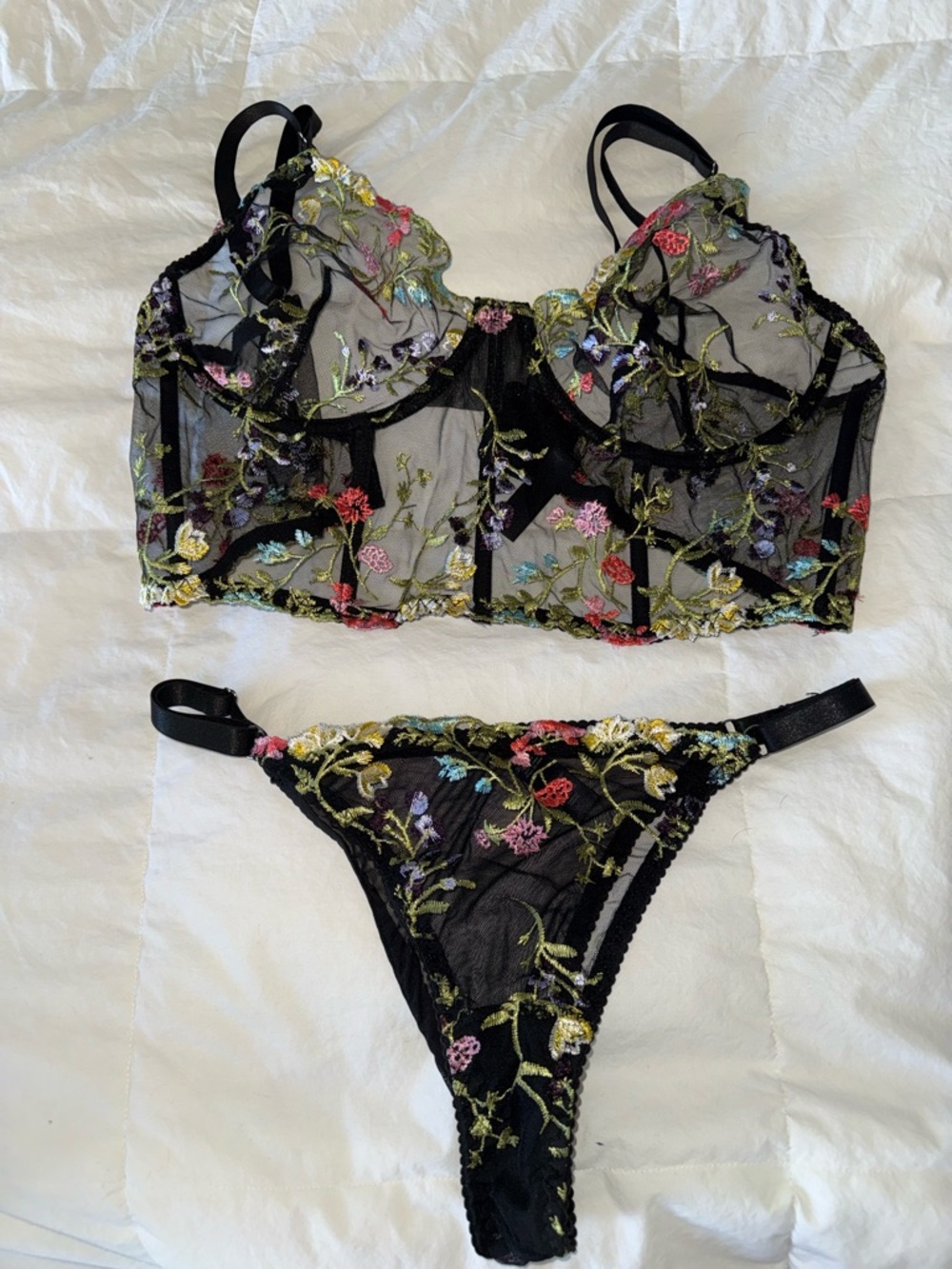 Sheer Black Embroidered Floral Bralette & Thong Set - Black
